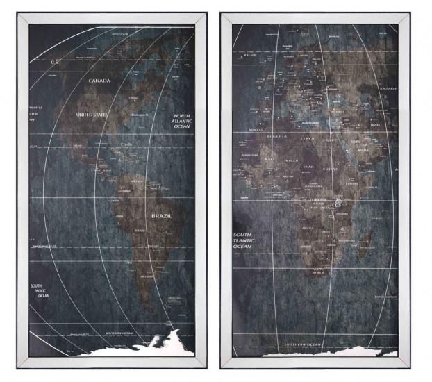Cam Baskılı Dünya Haritası 2 Parça Ayna Çerçeveli Tablo 130x140cm